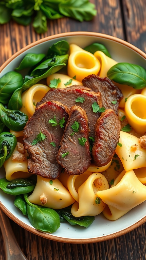 Creamy steak tortellini with spinach on a wooden table garnished with parsley.